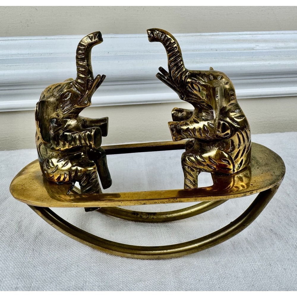 Vintage Solid Brass Rocking Elephants Figurine Mid Century Modern Gold Decor